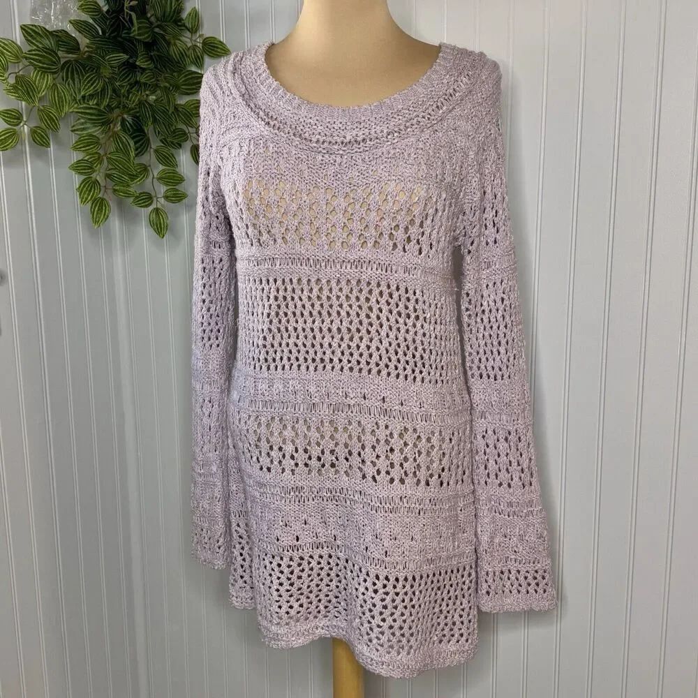 BCBG MaxAzria Sz XL Sweater Dress Crochet Knit Long Sleeve Boho Lavender Lilac - Picture 2 of 13
